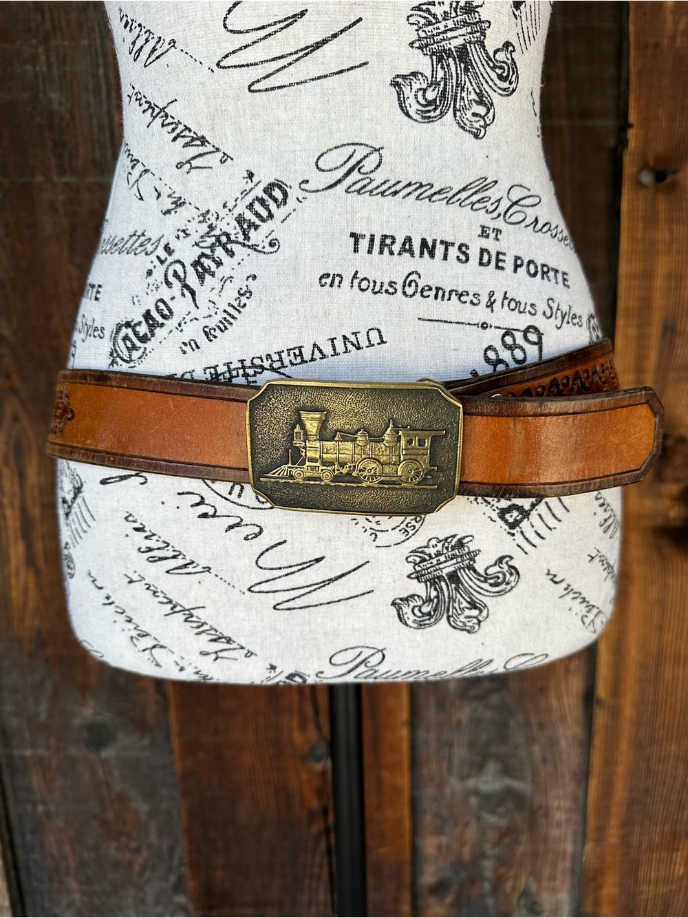 Vintage Genuine Leather Belt with Brass Train Buckle